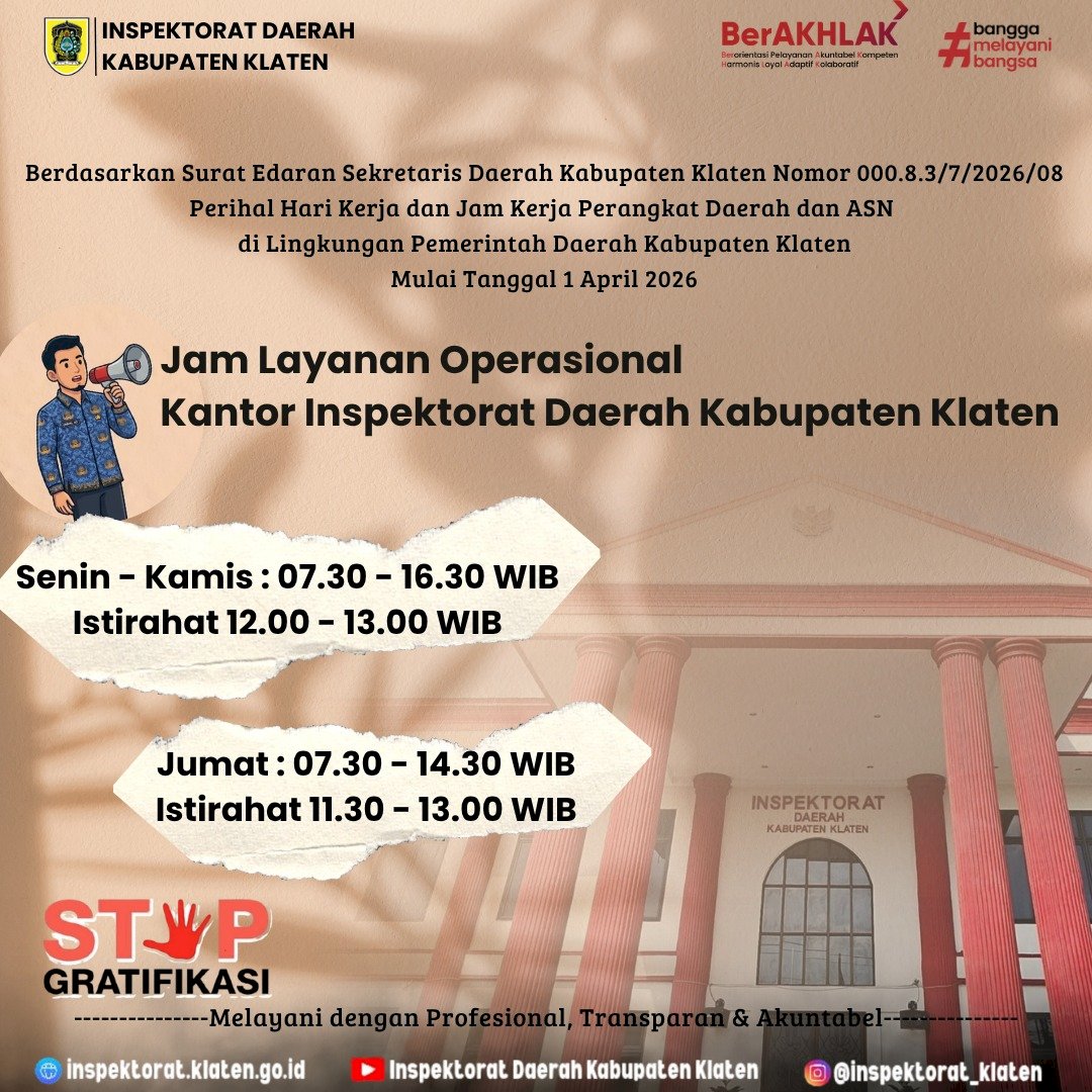 Jam Layanan Kantor Inspektorat Klaten Berubah! Cek Jadwal Barunya Mulai 1 April 2026